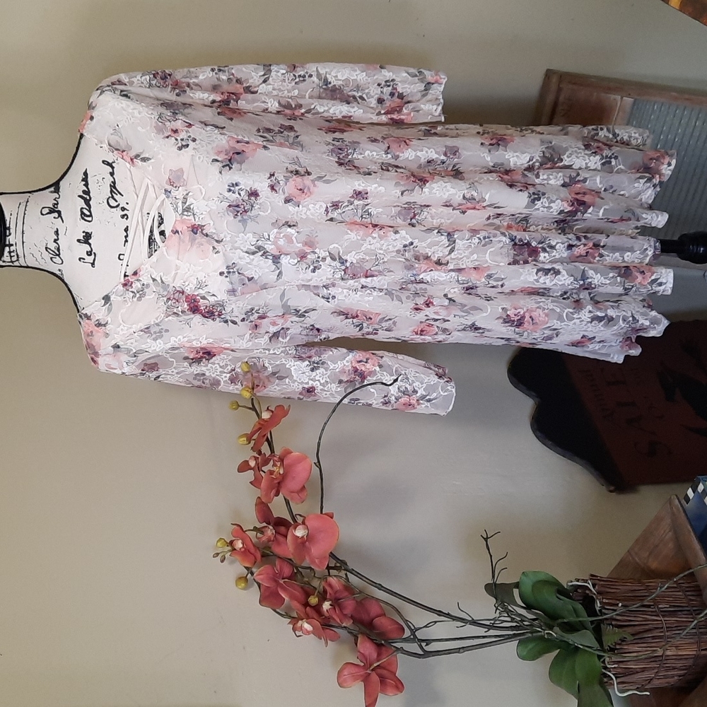 RUE 21 Lace Floral Long Sheer Sleeved Cross Lined Mini Dress